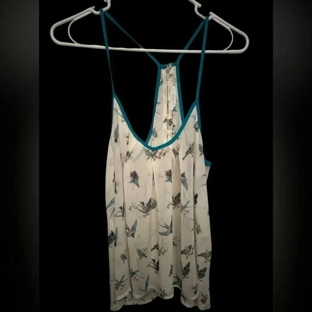 Lush sheer adjustable strap tank with blue bird print